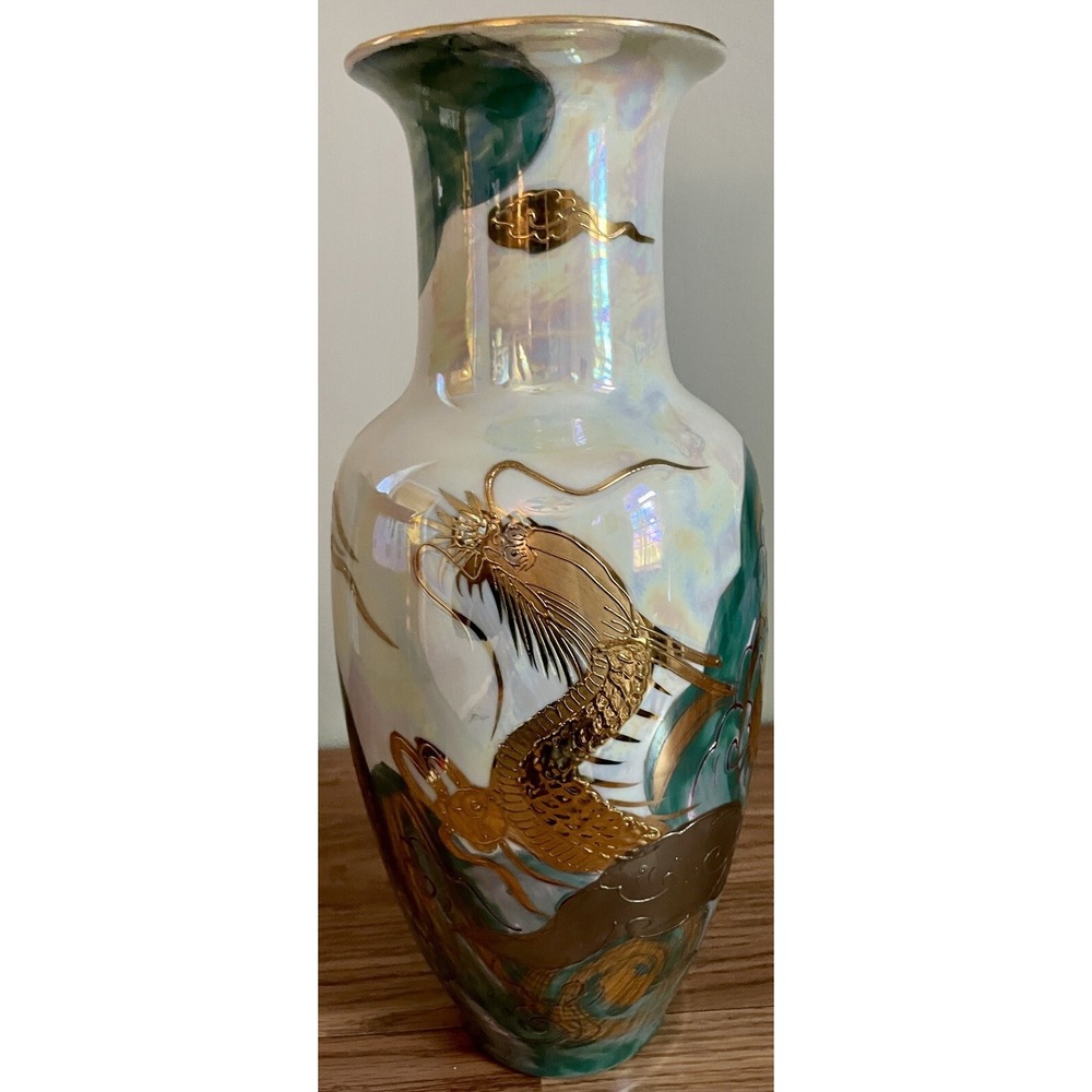 Vintage Aito China Hand Painted Japan Dragon Vase 18K Gold  12" Tall